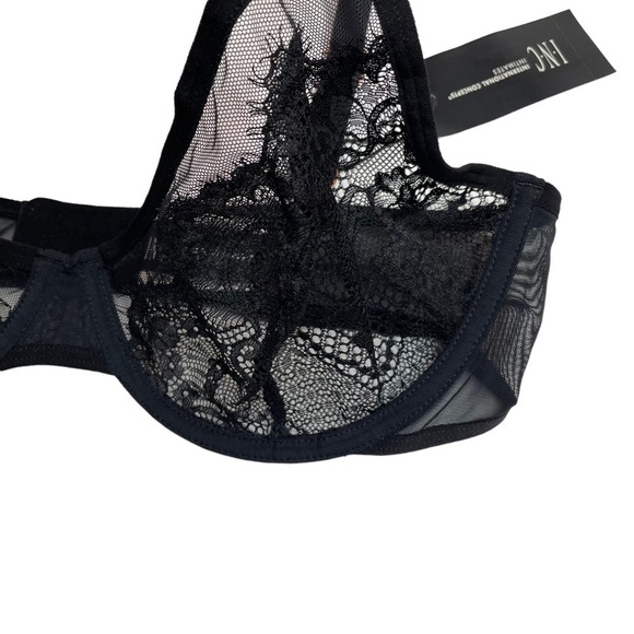 INC Intimates Underwire Lace Bra & High Waist Lace Thong Deep Black Large New - Picture 4 of 13